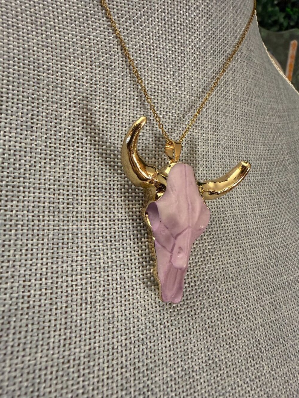 Pink Bull Skull Necklace Gold Tone Longhorn Western Cowgirl Boho Pendant